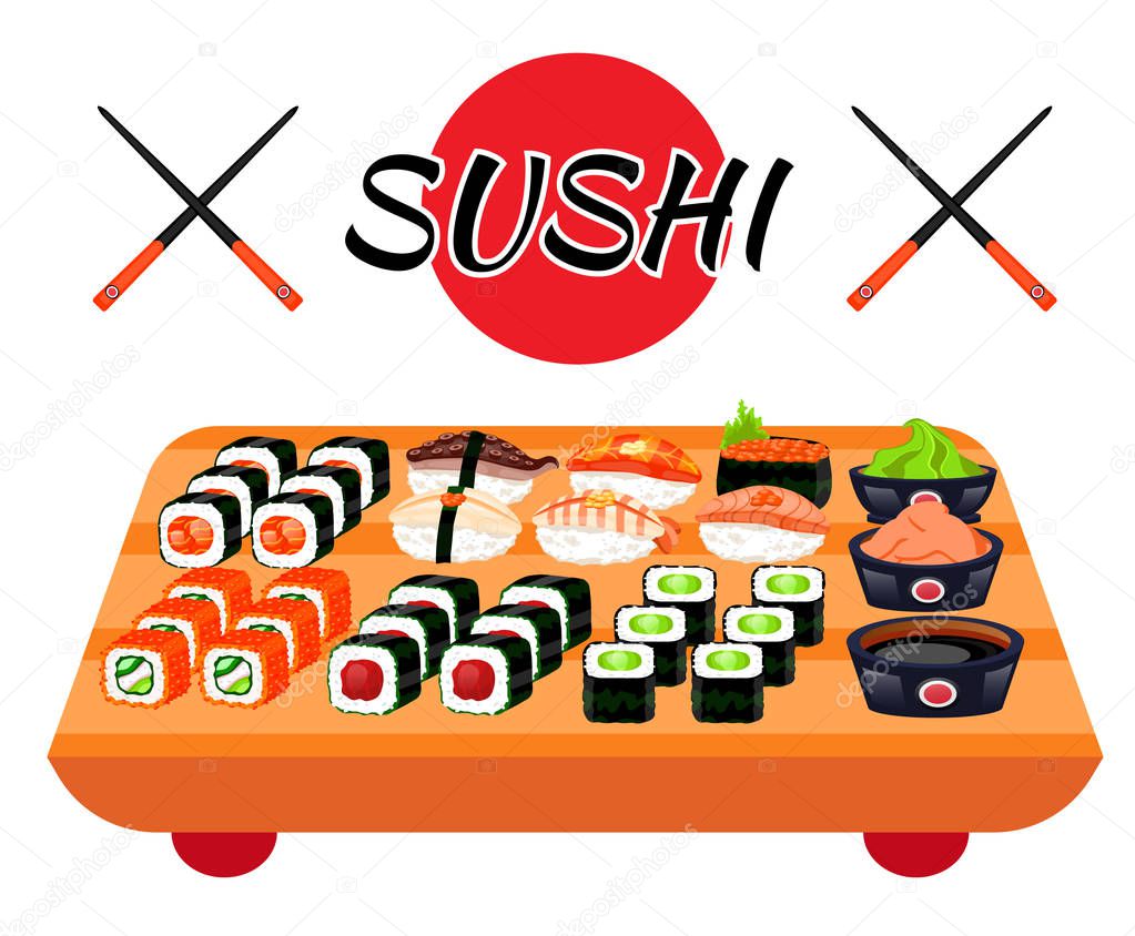 Sushi rolls food japanese. Asian sushi. Sushi bar,restaurant,accessories. Cafe logo. Modern flat cartoon vector illustration on white. California,filadelfia,maki,nigiri,temaki,uramaki. sushi and roll