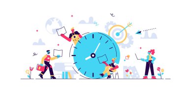 İnsanlar büyük saat ve kitapların yanında okuyorlar. 