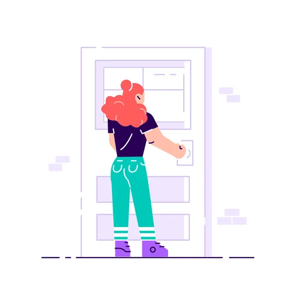 Joven personaje femenino sosteniendo una perilla de puerta — Vector de stock