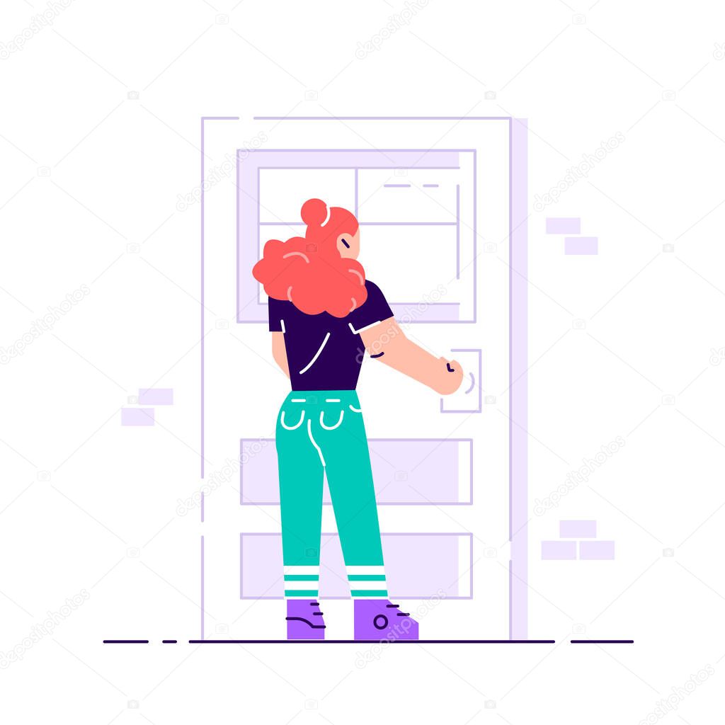 Young female character holding a door knob