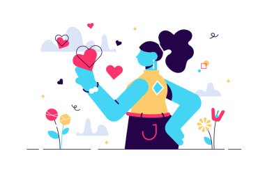 Düşen, kalbi olan bir kadının karikatür çizimi.. 