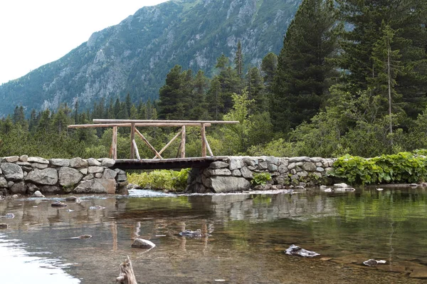 Kleine Houten Brug Buurt Van Lake Popradske Pleso Tatra Gebergte — Stockfoto