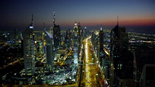 Dubai Maart 2018 Uitzicht Stad Luchtfoto Nacht Verlicht Burj Khalifa — Stockvideo