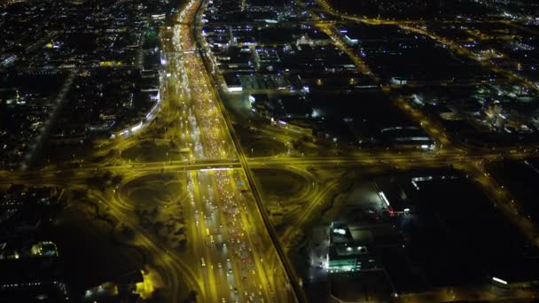 Aerial View Night Illuminated Sheikh Zayed Road Skyline City Skyscrapers — Stock Video