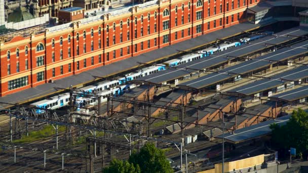 Flinders Street Railway Station Passagierstreinen Wachten Platformen Business Forenzen Bezoekers — Stockvideo