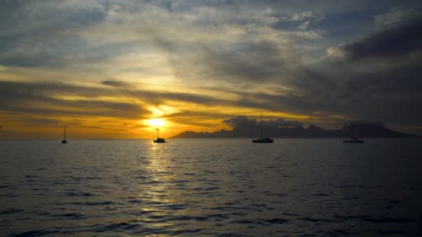 Polinesia Vista Dorada Atardecer Arrecife Yates Paraíso Islas Tropicales Moorea — Vídeo de stock