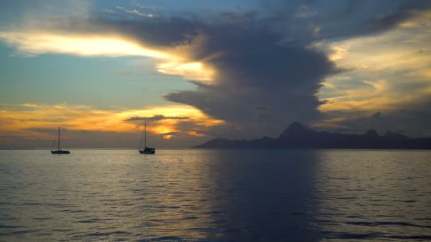 French Polynesian View Yachts Anchored Sunset Tropical Island Paradise Moorea — Stock Video