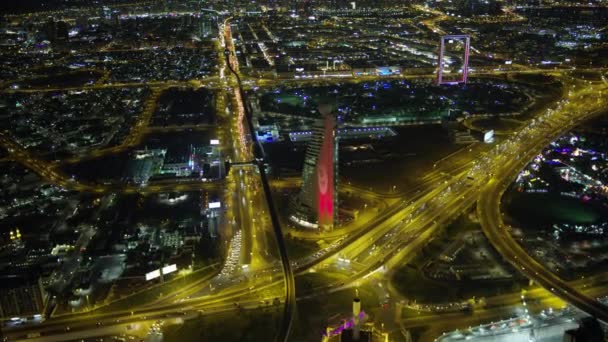 Antenne Beleuchtet Nacht Stadt Ansicht Des Dubai Rahmen Architektonischen Wahrzeichen — Stockvideo