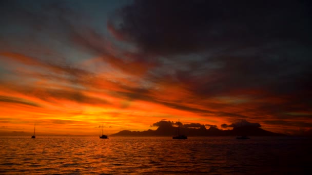 リーフと島の楽園タヒチ南太平洋からモーレア島のヨットの熱帯ポリネシア黄金夕焼けビュー — ストック動画