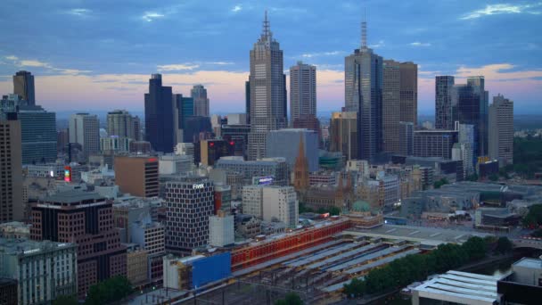 Melbourne Australien Mars 2018 Solnedgång Över Melbourne Cbd Med Pauls — Stockvideo