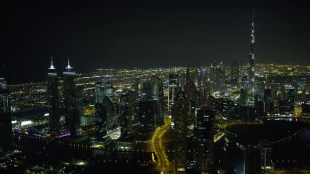 Aerial City Illuminated Night View Burj Khalifa Business Bay Dubai — Stock Video