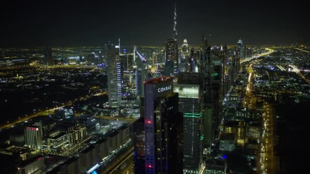 Dubai Marzo 2018 Noche Aérea Iluminada Vista Ciudad Burj Khalifa — Vídeos de Stock