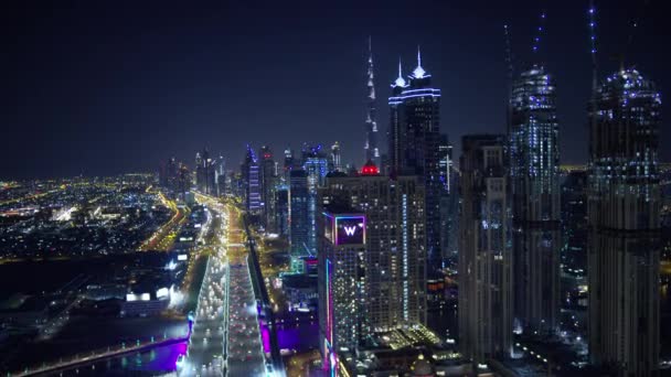 Dubai 2018 Március Légi Éjszaka Kivilágított Városra Burj Khalifa Sheikh — Stock videók