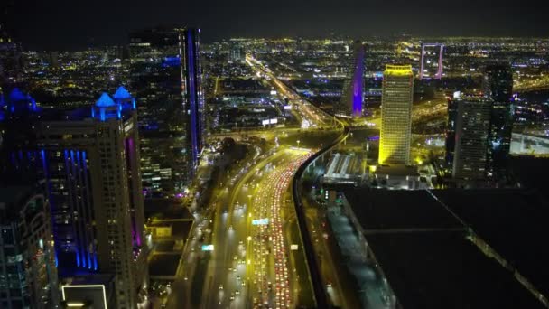 Aerial Night Illuminated City View Sheikh Zayed Road Skyline Skyscrapers — Stock Video