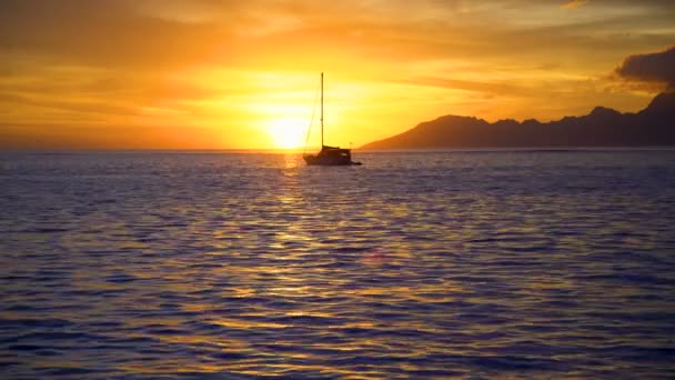 Pôr Sol Tropical Polinésio Dourado Vista Recife Iate Uma Ilha — Vídeo de Stock