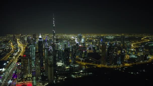 Dubai Mars 2018 Antenn Burj Khalifa Belysta Natt Business Bay — Stockvideo