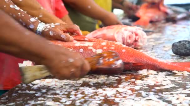 Hombres Limpiando Pez Pargo Rojo Fresco Taiohae Ciudad Isla Nuku — Vídeos de Stock