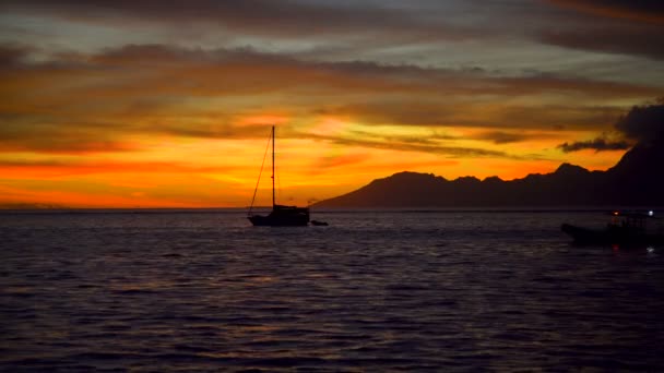 Pasando Barco Pesca Océano Frente Tahití Atardecer Una Vista Paradisíaca — Vídeos de Stock