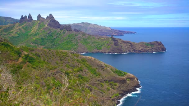 Pohled Moře Pobřeží Sopečného Pohoří Vzdáleném Místě Ráji Polynéský Drahokam — Stock video