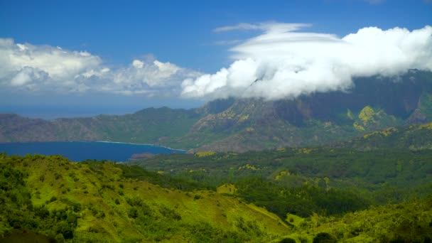 Paradiso Polinesiano Baia Oceanica Hiva Lussureggiante Vegetazione Verde Montagne Roccia — Video Stock