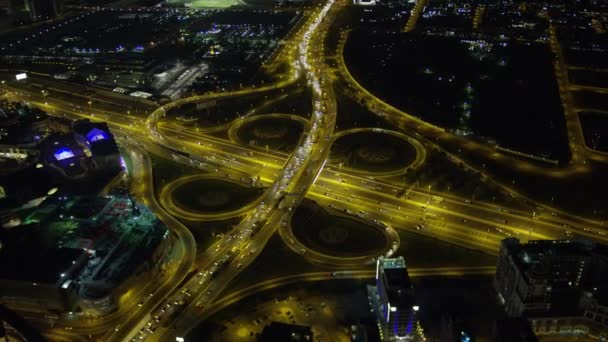 Воздушный Освещенный Ночной Вид Перекресток Дубай Пересечение Шейх Заид Небоскрёбы — стоковое видео