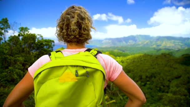 Escursionista Femminile Guardando Oltre Costa Panoramica Remota Montagne Nahoe Foresta — Video Stock