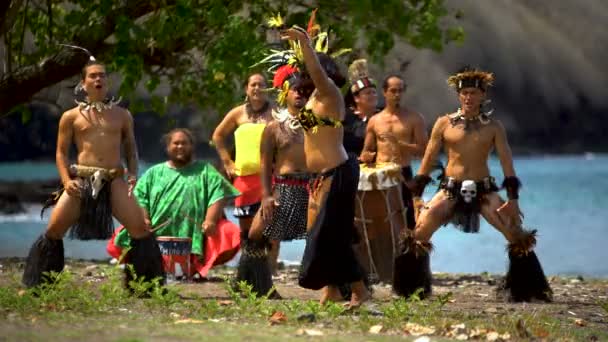 伝統的な服の再生のビーチで ネイティブ マルケサス諸島男性と女性のグループによって実行されるポリネシアの鳥ダンス楽器ヌク ヒバオア マルケサス諸島南太平洋 — ストック動画