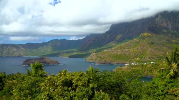 Polynesiska Paradise Hiva Ocean Bay Frodig Grön Vegetation Vulkanisk Sten — Stockvideo