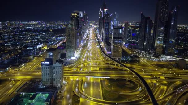 Dubai Mars 2018 Aerial Belysta Natt Dubai Junction Korsningen Motorvägen — Stockvideo