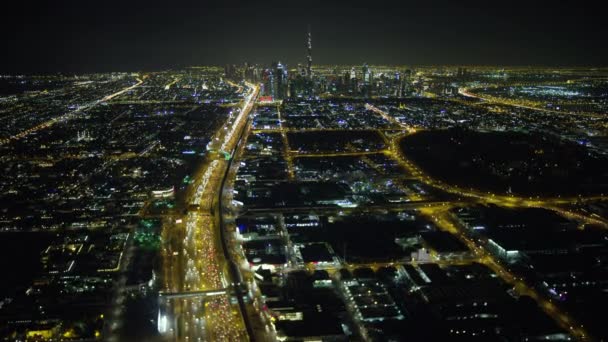 Antenne Nacht Beleuchtet Stadt Ansicht Burj Khalifa Sheikh Zayed Straße — Stockvideo