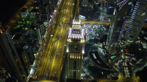 Luchtfoto Stad Verlicht Overhead Nacht Weergave Yaqoub Toren Wolkenkrabber Flatgebouwen — Stockvideo