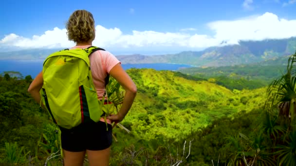 Kvinnliga Hiker Tittar Över Remote Natursköna Kust Nahoe Berg Lummiga — Stockvideo