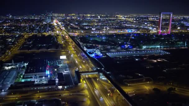 Aerial Illuminated Night City View Dubai Frame Architectural Landmark Zabeel — Stock Video