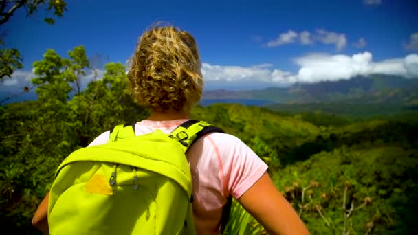 Escursionista Femminile Guardando Oltre Costa Panoramica Remota Montagne Nahoe Lussureggiante — Video Stock