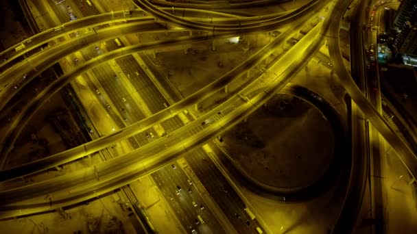 Luchtfoto Verlichte Nacht Weergave Overhead Van Dubai Junction Snijpunt Sheikh — Stockvideo