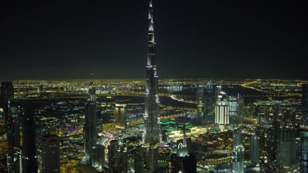Dubai Março 2018 Vista Noturna Iluminada Cidade Aérea Burj Khalifa — Vídeo de Stock