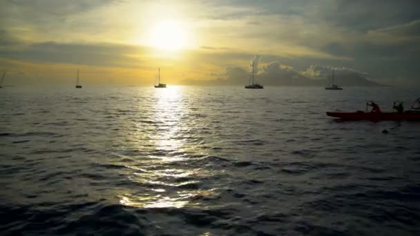 Polynesiska Tahitian Outrigger Bemannade Kanot Paddlade Honor Vid Solnedgången Moorea — Stockvideo