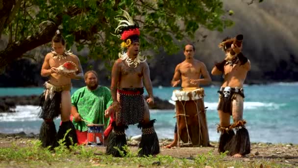 Zobacz Marquesan Macierzystego Tancerzy Plaży Tradycyjne Stroje Grając Polynesian Instrumentów — Wideo stockowe