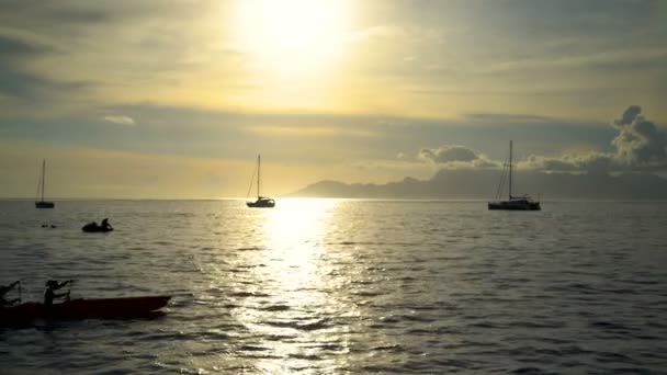 モーレア島の日没時男女パドル タヒチ南太平洋海有人タヒチアン アウトリガー カヌーからの夕景 — ストック動画