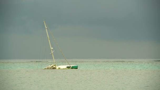 Tahiti Bootswrack Nach Hurrikan Liegt Halb Unter Wasser Auf Tropischem — Stockvideo