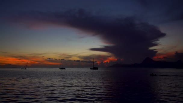 Vista Del Atardecer Moorea Desde Tahití Francés Paraíso Polinesio Yates — Vídeo de stock