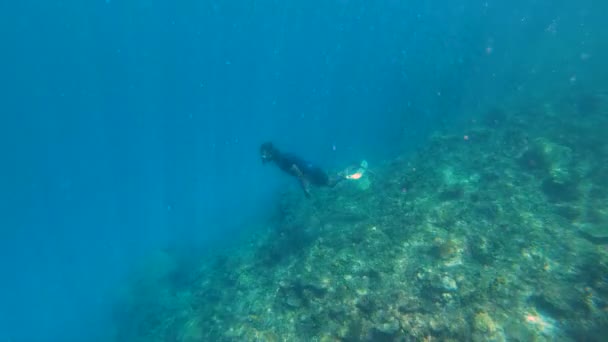 2018年3月 在水下游泳的雄性暗礁潜水员在清澈的海水中使用浮潜头面具 — 图库视频影像