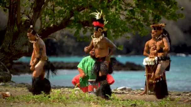 원주민 사람들에 전통적인 Nuku Hiva 마퀘사스 남태평양 해변에서 악기를 — 비디오