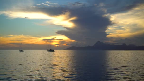 Vista Iates Pôr Sol Tropical Ilha Paraíso Polinésio Moorea Tahiti — Vídeo de Stock