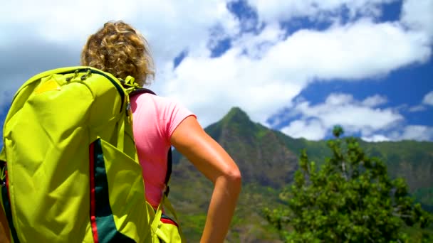 Escursionista Femminile Godendo Paesaggio Panoramico Remoto Montagne Atuona Lussureggiante Foresta — Video Stock