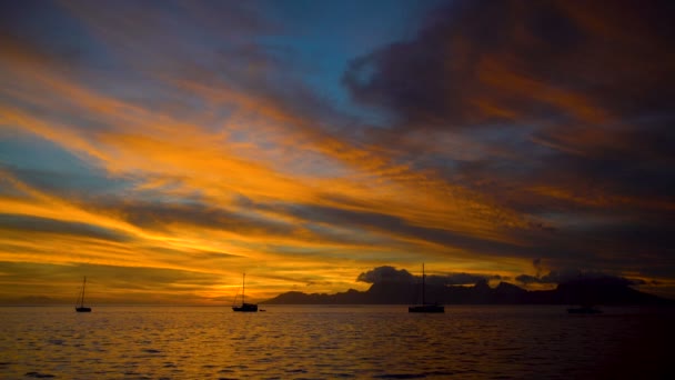 サンゴ礁や熱帯の島の楽園タヒチ南太平洋からモーレア島でヨットのポリネシア ゴールデン サンセット ビュー — ストック動画