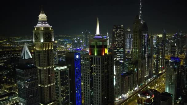 Dubai Março 2018 Noite Aérea Iluminada Vista Cidade Burj Khalifa — Vídeo de Stock