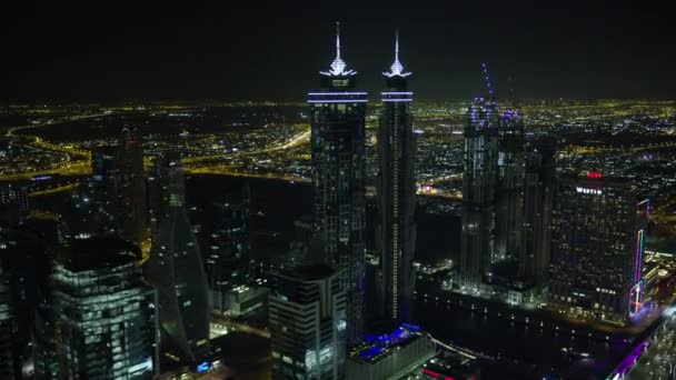 Dubai Mars 2018 Aerial Staden Belysta Natt Burj Khalifa Business — Stockvideo