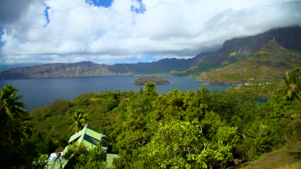 Polynesian Paradise Atuona Hiva Ocean Bay Lush Green Vegetation Volcanic — Stock Video