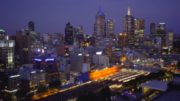 Melbourne Australien Mars 2018 Timelapse Melbourne City Skyskrapor Belysta Lampor — Stockvideo